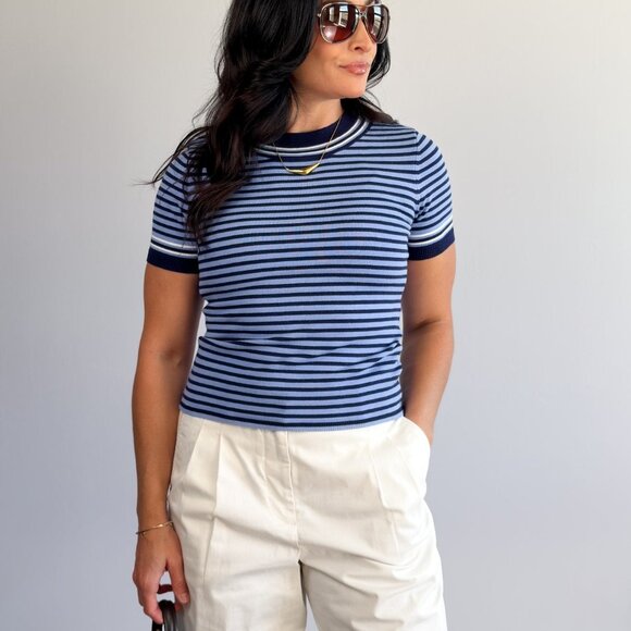 Women’s Striped Knit Sweater Tee — Navy & Sky - Picture 1 of 6